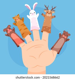 Finger puppets. Baby theatre, show story, fairy tale. Hand toy character party. Family fun. Cute little finger puppet. Childhood time. Finger theater game. Funny puppets template. Vector illustration.