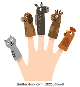 Finger puppets. Baby theatre, show story, fairy tale. Hand toy character party. Family fun. Cute little finger puppet. Childhood time. Finger theater game. Funny puppets template. Vector illustration.