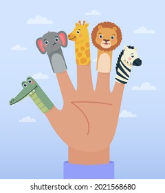 Finger puppets. Baby theatre, show story, fairy tale. Hand toy character party. Family fun. Cute little finger puppet. Childhood time. Finger theater game. Funny puppets template. Vector illustration.