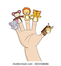 Finger puppets. Baby theatre, show story, fairy tale. Hand toy character party. Family fun. Cute little finger puppet. Childhood time. Finger theater game. Funny puppets template. Vector illustration.