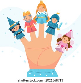 Finger puppets. Baby theatre, show story, fairy tale. Hand toy character party. Family fun. Cute little finger puppet. Childhood time. Finger theater game. Funny puppets template. Vector illustration.