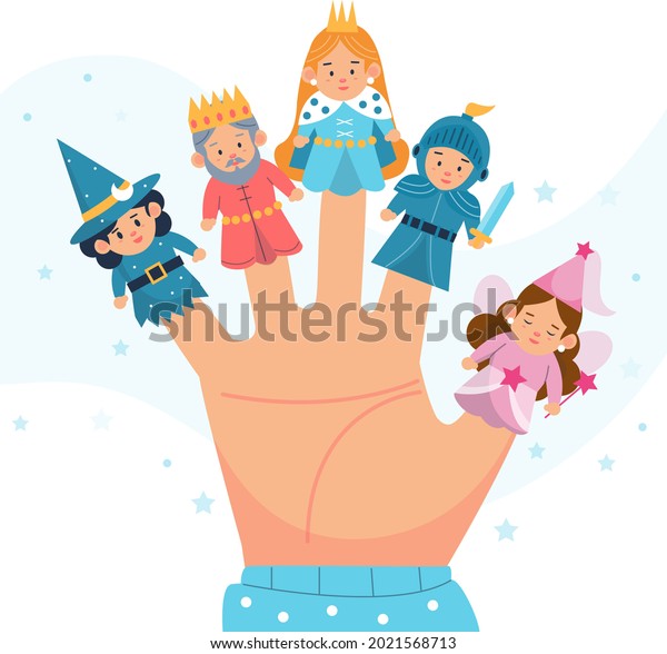 Finger puppets. Baby theatre, show story,\
fairy tale. Hand toy character party. Family fun. Cute little\
finger puppet. Childhood time. Finger theater game. Funny puppets\
template. Vector\
illustration.