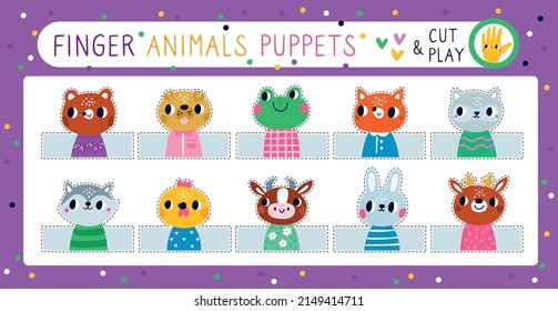 Finger puppets. Children theatre game. Cute animals. Creative abilities development. Stitched dolls. Stuffed mini toys. Funny muzzles and scissors cut lines. Vector