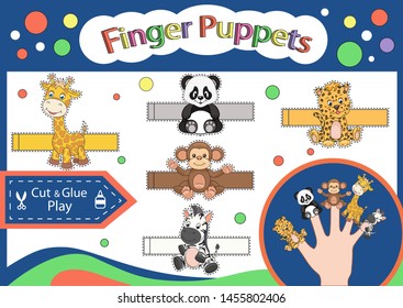 Finger puppets. Cut and glue the paper cute animals doll. Worksheet with children art game. Kids crafts activity page. Create toys yourself. 3d gaming puzzle. Birthday decor. Vector illustration.