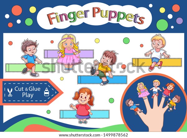 Finger puppets. Cut and glue the paper cute\
dolls kids characters. Worksheet with children art game. Crafts\
activity page. Create toys yourself. 3d gaming puzzle. Kids decor.\
Vector illustration.