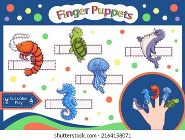 Finger Puppets Cute Paper Sea Fish. Kids Craft Children Education Activity Game. Cut And Glue Cartoon Toys. Worksheet For Children. Vector Illustration.