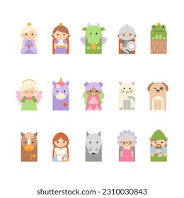 Finger puppets fairy tales characters for paper cut kids activities. Home theatre with cartoon toys. 