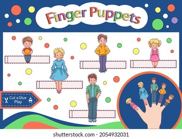 Finger puppets family. Kids craft paper children education game. Cut and glue paper puppets toys. Activity page and worksheet for children. Cutout cartoon toy. Vector illustration.