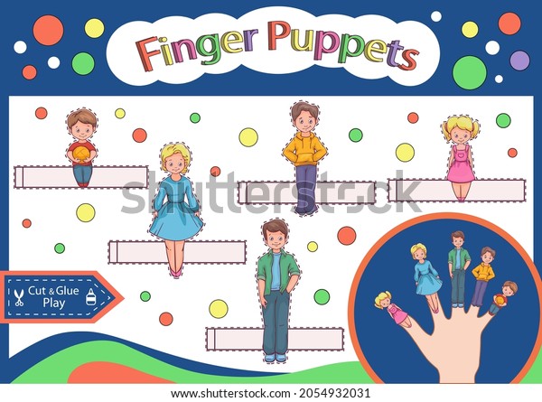 Finger puppets\
family. Kids craft paper children education game. Cut and glue\
paper puppets toys. Activity page and worksheet for children.\
Cutout cartoon toy. Vector\
illustration.