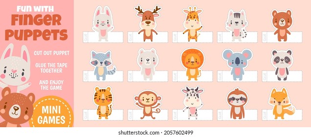 Finger puppets forest animals for paper cut kids activities. Home theater with handmade cartoon toys. Children craft education vector page. Kindergarten entertainment with bear, lion and monkey