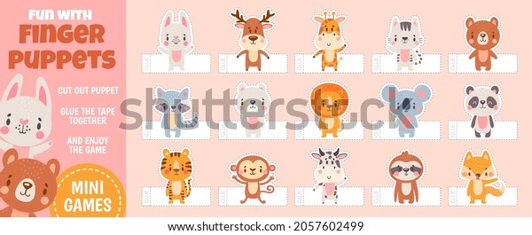 Finger puppets forest animals for paper cut kids
activities. Home theater with handmade cartoon toys. Children craft
education vector page. Kindergarten entertainment with bear, lion
and monkey