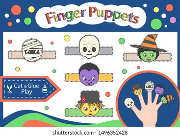 Finger puppets halloween. Cut and glue the paper cute Halloween characters doll. Worksheet with children art game. Kids crafts activity page.3d toy gaming puzzle. Halloween decor. Vector illustration.