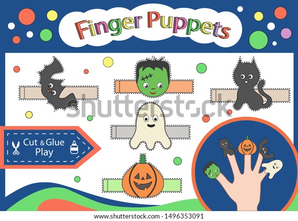 Finger puppets halloween. Cut and glue\
the paper cute Halloween dolls. Children Worksheet with art game.\
Kids crafts activity page. 3d toys gaming puzzle. Halloween decor.\
Vector\
illustration.\
\

