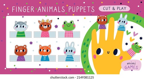 Finger puppets hands. Kids mini game. Funny animal dolls worn on arm. Home theater. Creative abilities development. Handmade toy. Cute creatures heads and dotted lines