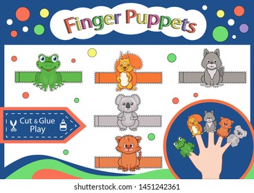 Finger puppets. Paper animals doll for playhouse. Cut and glue the toys. Worksheet with children art game. Kids crafts activity page. Gaming puzzle. Birthday decor. Vector illustration.