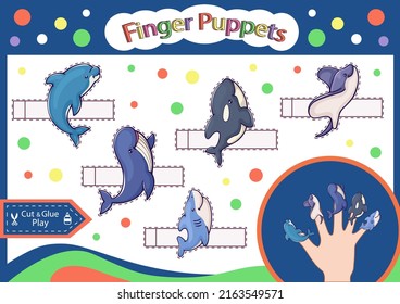 Finger puppets sea fish. Kids craft paper children education activity game. Cut and glue paper toys. Worksheet for children. Cutout cartoon toy. Vector illustration.