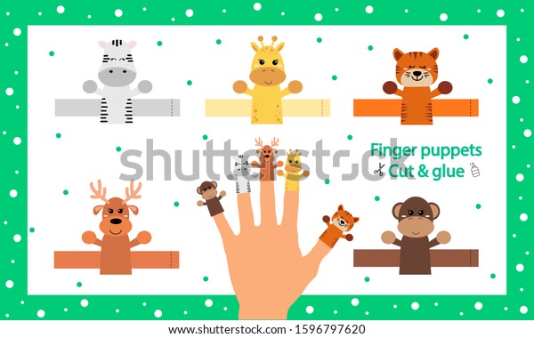 Finger puppets. Vector\
illustration. Cut and glue the paper cute animals doll. Create toys\
farm animals. 3d gaming puzzle. Birthday decor. Worksheet with\
children art game.
