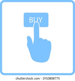 Finger drücken Sie das Symbol Kaufen Taste. Blaues Rahmendesign. Vektorgrafik.
