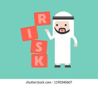 Finger push the risk block with Arab businessman stand, risk management concept flat design