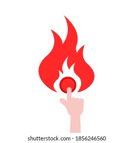 dedo presionando sobre el botón rojo de alarma de incendios. concepto de lanzar un nuevo proyecto o negocio y atención por favor. simple tendencia lineal plana diseño de arte gráfico logotipo moderno aislado en fondo blanco