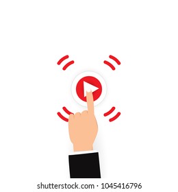 Finger pushing play button icon concept, finger pointing on switch background flat design