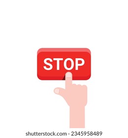 finger pushing red stop button. cartoon trend modern logo graphic simple design isolated on white background. concept of sign of abort the working process and failure or rescue stress button