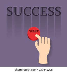 Finger Pushing Start Button Cartoon on Success background