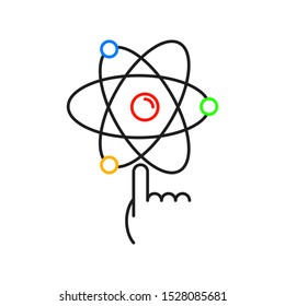 Finger reaching for Atom. Atom, electron, neutron and proton illustration. Outline thin line illustration. Isolated on white background. 