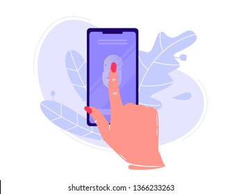 Finger recognition, biometric identification, privacy protection. Hand and mobile phone. Flat vector illustration concepts for a web page or website