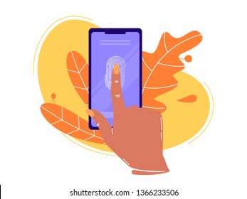Reconocimiento del dedo, identificación biométrica, protección de la privacidad. Mano y teléfono móvil. Conceptos de ilustración vectorial plana para una página web o sitio web