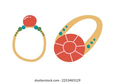 Finger Ring as Jewellery with Gemstones Vector Set