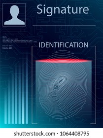 Finger Scan in Futuristic Style. Biometric id with Futuristic HUD Interface. Fingerprint Scanning Technology Concept Illustration. Identification System Scanning.eps10