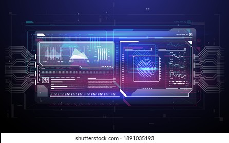 Finger Scan in Futuristic Style. Biometric id with Futuristic HUD Interface. Fingerprint Scanning Technology Concept Illustration. Identification System Scanning.