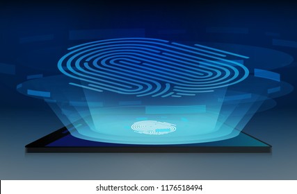Finger scan Smartphone Touchscreen mobile phone glows and Personal data protection., Antivirus. isometric flat design. Vector illustration.
