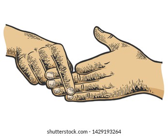 Finger separation trick color sketch engraving vector illustration. Scratch board style imitation. Black and white hand drawn image.