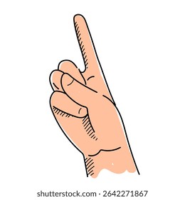 Dedo mostrando o vetor número um isolado. Mão desenhada à mão mostrando o número. Comunicação através de gestos manuais.