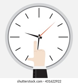Finger showing on the clock. Punctuality and showing late deadline, vector illustration