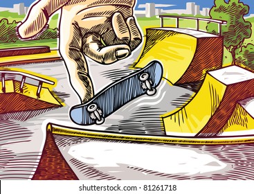 Finger Skateboarding Practicing. 360' One-foot Jump On The Skatepark Ramp.
Editable Vector EPS V9.0