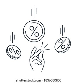 Finger snap and falling coins. Make a profit. Vector linear illustration isolated on white background.