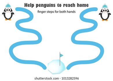 Finger steps for both hand, help the penguin to reach home, simultaneous development of the right and left hemispheres of the brain, preschool worksheet activity for kids, task for children, vector