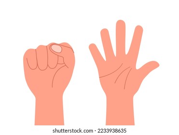 Finger stretch hand clenching in flat design on white background. Hand exercise concept.