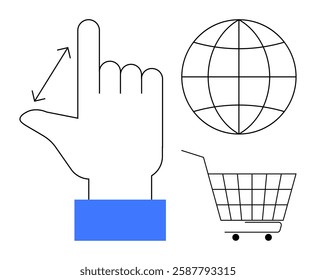 Finger in swiping gesture, globe symbol, and shopping cart. Ideal for e-commerce, global network, digital marketing, online shopping, and user interface design. Minimalist vector style