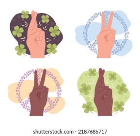 Finger symbols 2D vector isolated illustration set. Peace and luck flat hand gestures on cartoon background. Hope sign colourful editable scene for mobile, website, presentation collection