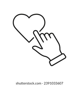 Finger Tap On Heart Line Icon. Human Hand Click Heart Shape Button Linear Pictogram. Love At Valentine's Day Symbol. Romantic Sign For Social Media. Editable Stroke. Isolated Vector Illustration.