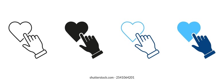 Toque con el dedo en la línea del corazón y el conjunto de iconos de silueta. Pictograma de Botón de forma de corazón Hacer clic de mano humana. Amor en el símbolo del día de San Valentín. Trazo Editable. Ilustración vectorial aislada.