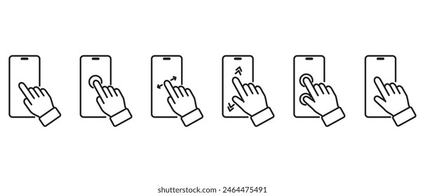 Finger tap smartphone gesture icon, Outline style hand tuching smartphone  icons, Different variations of tuching a modern smartphone. Tapping the screen with a hand vector in transparent background.