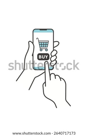 Finger Tapping Buy Button on Smartphone with Shopping Cart – Mobile Online Purchase Vector Illustration