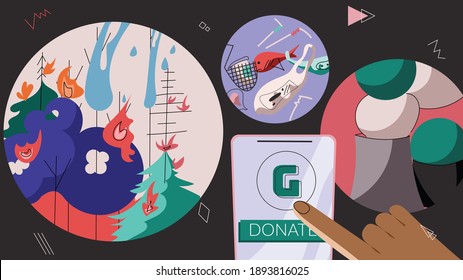 Finger, tapping a donation button on a phone, help to stop forest fires, sea pollution, and industrial pollution