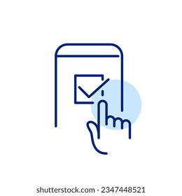 Golpeando el dedo en la marca de verificación. Firmar un acuerdo o elegir entre distintas opciones. Trazo de píxeles perfecto, editable