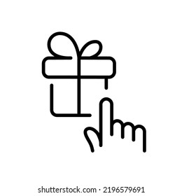 Golpeando el dedo en un regalo. Icono de línea de trazo de píxeles perfecto, modificable